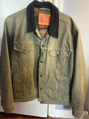 Levi’s Men’s Olive Canvas Flannel Lined Trucker Jacket Corduroy Collar